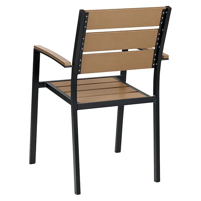 6er-Set Gartenstuhl VERNIO in Braun/Schwarz -  - Outdoor-Terrassenstuhl mit schwarzem Metallgestell, brauner Latten-Sitzfläche, Rückenlehne und Armlehnen.