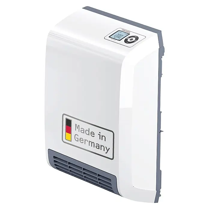 AEG Heizlüfter Bad VH 213 Wandmontage - 2.000 W, Alpinweiß, IP24 - Weiß-grauer Wand-Elektroheizer mit digitaler Temperaturanzeige und „Made in Germany“-Aufschrift.