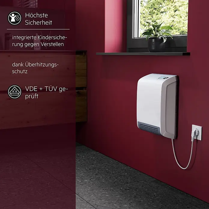 AEG Heizlüfter Bad VH 213 Wandmontage - 2.000 W, Alpinweiß, IP24 - Weißer wandmontierter Elektroheizer mit Digitalanzeige, an eine Steckdose angeschlossen.