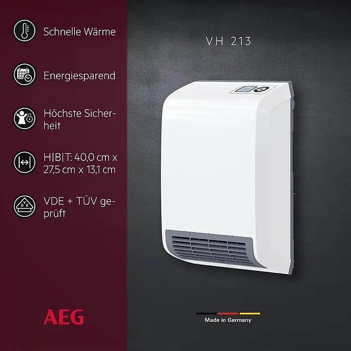 AEG Heizlüfter Bad VH 213 Wandmontage - 2.000 W, Alpinweiß, IP24 - Kompakter weißer Wandheizer AEG VH 213 mit grauem Lüftungsgitter.