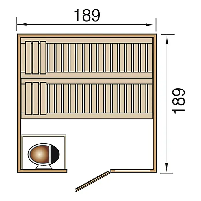 Weka Massivholzsauna Valida 3 GTF - L x B x H: 189 x 189 x 203,5 cm - Draufsicht auf eine Sauna mit den Maßen 189 x 189 cm, die die Inneneinrichtung und die Position des Ofens zeigt.
