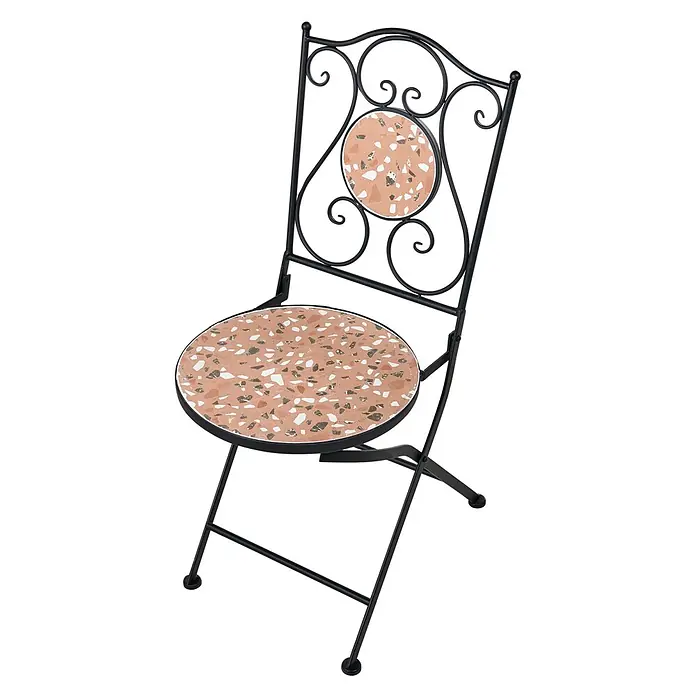 2er-Set Gartenstuhl ADRANO in Schwarz/Orange -  - Schwarzer Metall-Klappstuhl mit verschnörkelter Verzierung, mit runden Sitz- und Rückenlehnen-Details aus Pfirsich-Terrazzo.