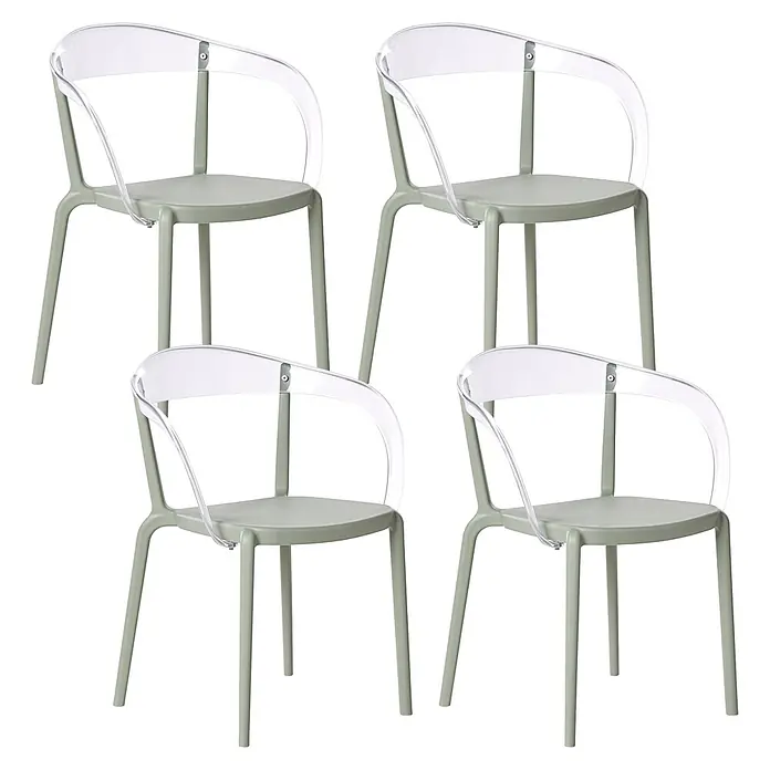 4er-Set Gartenstuhl MALEVIZI in Grün/Transparent -  - Vier moderne, salbeigrüne Stühle mit transparenten Acryl-Rückenlehnen und Armlehnen.