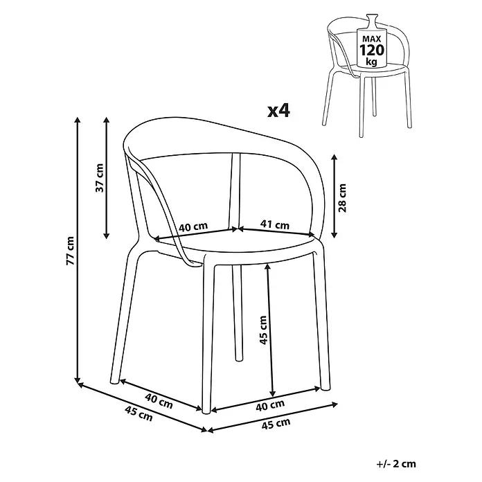 4er-Set Gartenstuhl MALEVIZI in Grün/Transparent -  - Technische Zeichnung eines Stuhls (H77cm, SH45cm, max. 120kg), mit Maßen. Erhältlich im 4er-Set.