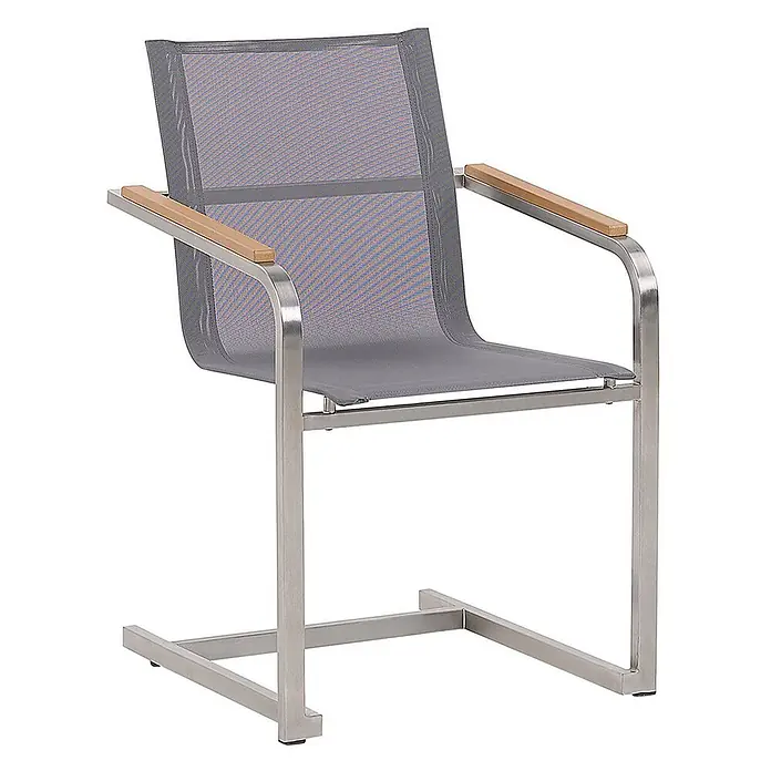 6er-Set Freischwingerstuhl COSOLETO in Grau/Silber -  - Stilvoller Outdoor-Stuhl mit Edelstahlrahmen, grauer Netzbespannung und Armlehnen aus Naturholz.
