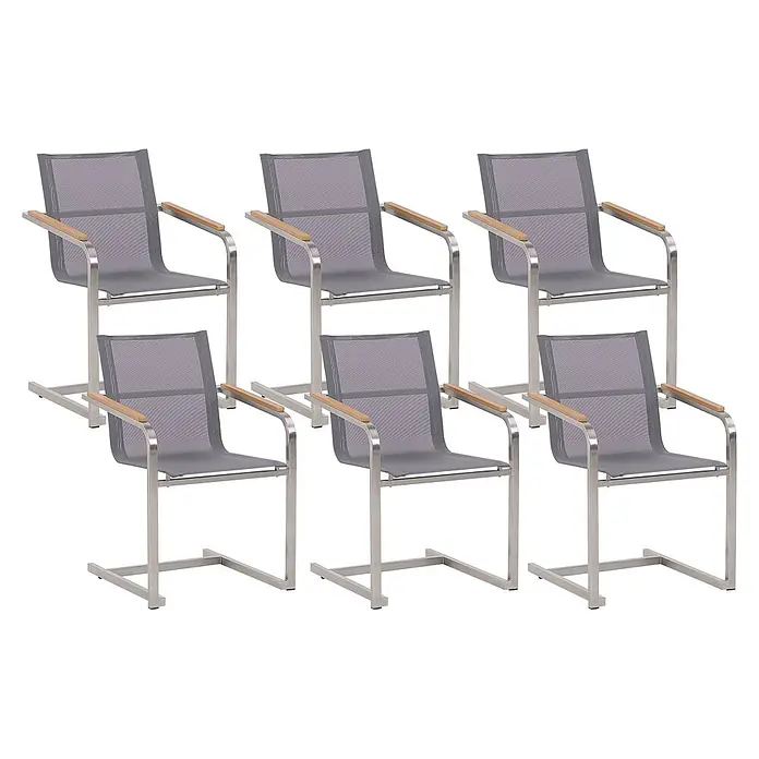 6er-Set Freischwingerstuhl COSOLETO in Grau/Silber -  - Sechs moderne Outdoor-Essstühle mit grauem Textilgewebe, gebürsteten Metallrahmen und Holzarmlehnen.