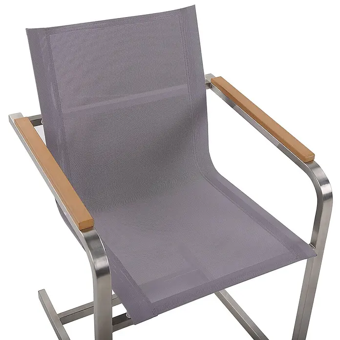 6er-Set Freischwingerstuhl COSOLETO in Grau/Silber -  - Grauer Netzstuhl mit Edelstahlgestell und Holzarmlehnen.