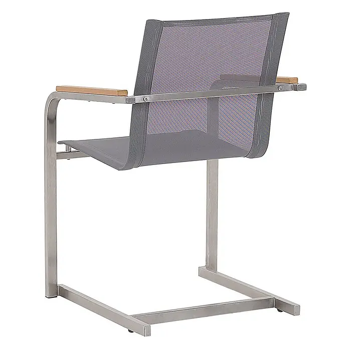 6er-Set Freischwingerstuhl COSOLETO in Grau/Silber -  - Outdoor-Esszimmerstuhl mit Edelstahl-Freischwingergestell, grauer Netzbespannung und Holzarmlehnen.