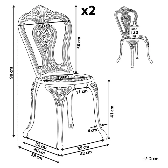 Beliani Gartenstuhl-Set BOVINO - 2 Stk., Aluminium, Braun, B x T x H: 43 x 53 x 90 cm - Set aus 2 verzierten, klassischen Stühlen mit dekorativer Rückenlehne und Beinen, max. 120 kg Belastung.