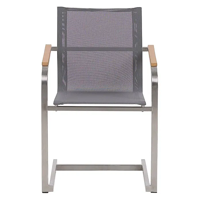 6er-Set Freischwingerstuhl COSOLETO in Grau/Silber -  - Moderner Outdoor-Stuhl mit grauer Netzstoff-Sitzfläche, Rückenlehne, gebürstetem Metallrahmen und Holzarmlehnen.
