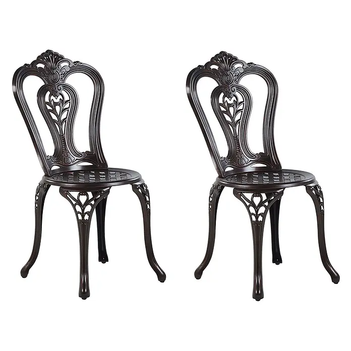 Beliani Gartenstuhl-Set BOVINO - 2 Stk., Aluminium, Braun, B x T x H: 43 x 53 x 90 cm - Zwei verzierte dunkelbronzene Gussmetall-Esszimmerstühle mit dekorativen Rückenlehnen.