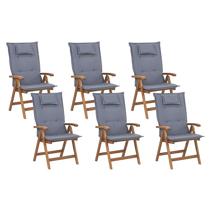 12er-Set Gartenstuhl JAVA in Braun/Blau -  - Sechs Gartenstühle aus Holz mit grauen Kissen und Kopfstützen.