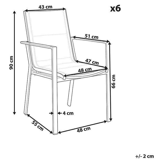 6er-Set Gartenstuhl BUSSETO in Weiß/Grau/Braun -  - Maße eines Armlehnstuhls (6er-Set): Gesamthöhe 90cm, Breite 51cm, Tiefe 55cm. Sitztiefe 48cm, Armlehnhöhe 66cm.