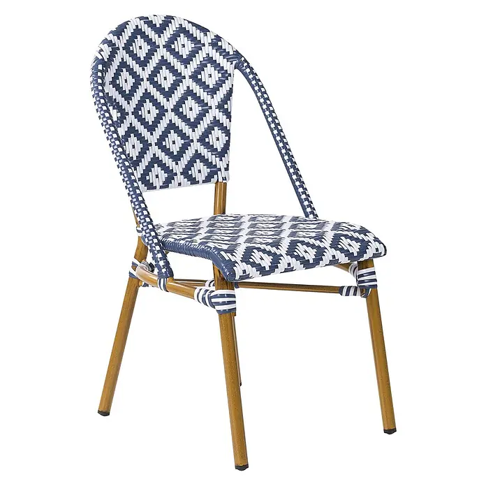 4er-Set Gartenstuhl RIFREDDO in Blau/Beige/Weiß -  - Blau-weißer geflochtener Bistrostuhl mit geometrischem Rautenmuster und hellbraunem Gestell.