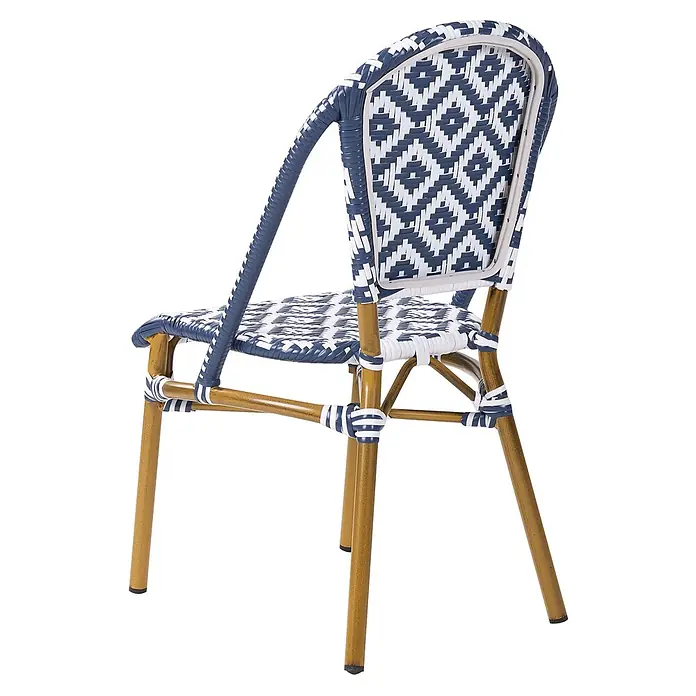 4er-Set Gartenstuhl RIFREDDO in Blau/Beige/Weiß -  - Blau-weißer geflochtener Terrassenstuhl mit Rautenmuster auf Sitz und Rückenlehne und Holzoptik-Beinen.