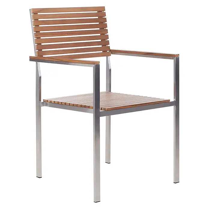 6er-Set Gartenstuhl VIAREGGIO in Braun/Silber -  - Outdoor-Stuhl mit silberfarbenem Metallrahmen und Sitz, Rückenlehne sowie Armlehnen aus Holzlatten.