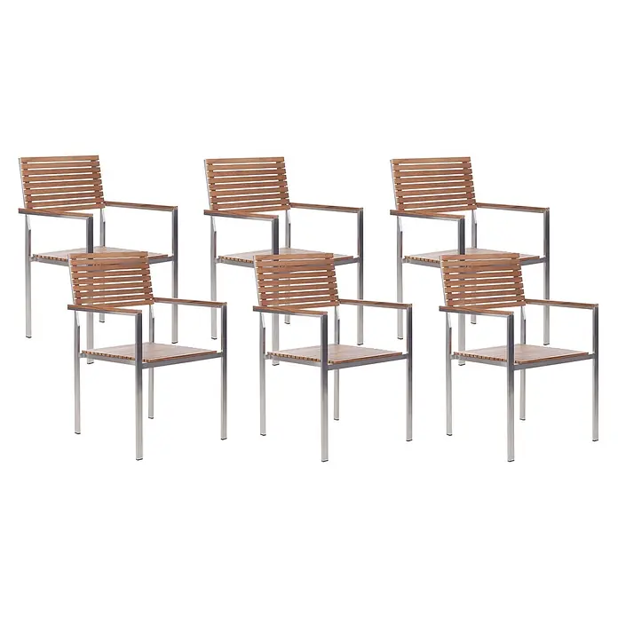 6er-Set Gartenstuhl VIAREGGIO in Braun/Silber -  - Sechs moderne Outdoor-Stühle mit Holzlatten an Sitz und Rückenlehne und silbernen Aluminiumrahmen.