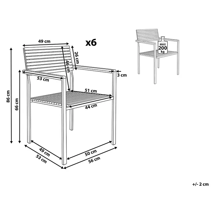 6er-Set Gartenstuhl VIAREGGIO in Braun/Silber -  - "6er-Set Gartenstühle mit Armlehnen, Lattenrost-Design. Maße: 86H x 56T x 53B cm. Max. Belastung 200 kg."