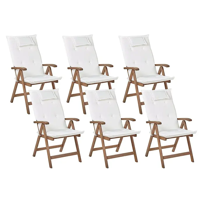 6er-Set Gartenstuhl AMANTEA in Braun/Weiß -  - Sechs braune Holzklappstühle mit weißen Kissen.