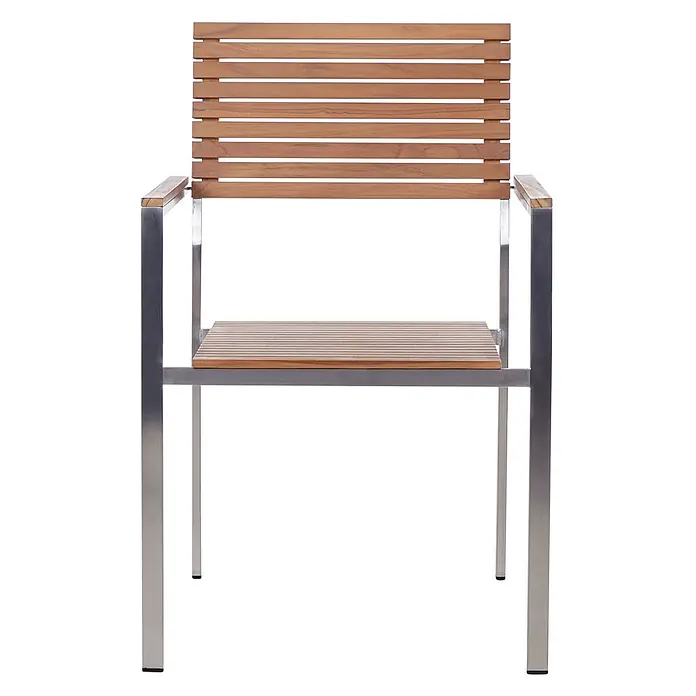 6er-Set Gartenstuhl VIAREGGIO in Braun/Silber -  - Moderner Sessel mit Lattenrücken und -sitz aus Holz und einem eleganten Rahmen aus gebürstetem Metall.