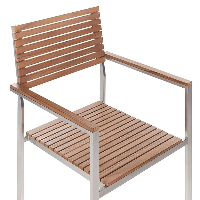 6er-Set Gartenstuhl VIAREGGIO in Braun/Silber -  - Moderner Stuhl mit Latten aus Holz für Rücken, Sitz und Armlehnen, auf schlankem Metallgestell.