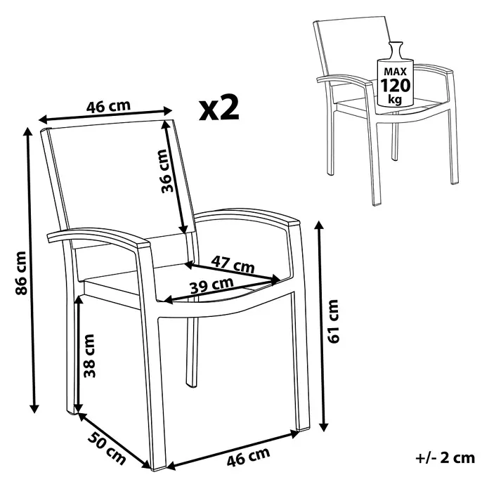 2er-Set Gartenstuhl PERETA in Grau/Weiß -  - Strichzeichnung eines Stuhls mit detaillierten Maßen und einer maximalen Belastung von 120 kg. Erhältlich im 2er-Set.