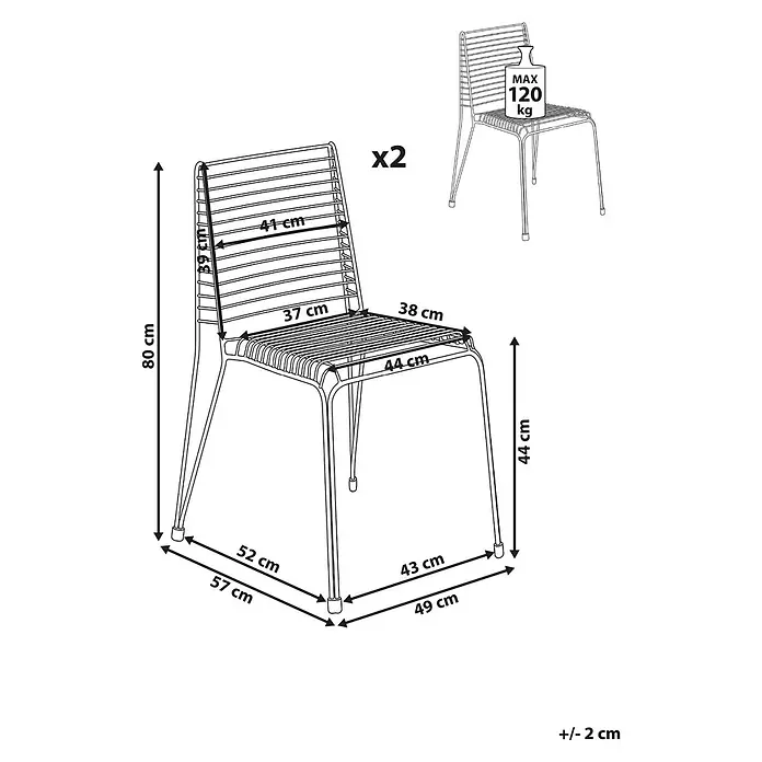 Beliani Gartenstuhl-Set CHIEVE - 2 Stk., Stahl, Schwarz, B x T x H: 49 x 57 x 80 cm - Zwei Metallstühle mit Lamellendesign, Maßen und max. 120 kg Traglast.