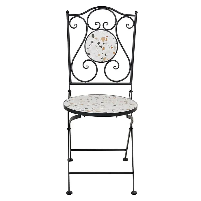 2er-Set Gartenstuhl ARTENA in Schwarz/Weiß -  - Schwarzer Metall-Bistrostuhl mit Schnörkeln und weißer Terrazzo-Sitzfläche und -Rückenlehne.