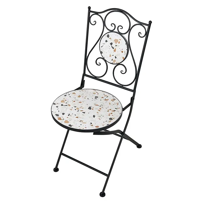 2er-Set Gartenstuhl ARTENA in Schwarz/Weiß -  - Dekorativer schwarzer Metall-Klappstuhl mit runder weißer Terrazzo-Sitzfläche und Rückenlehnen-Detail.