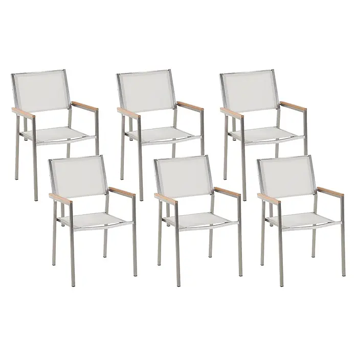 6er-Set Gartenstuhl GROSSETO in Weiß/Silber/Braun -  - Sechs moderne Terrassenstühle mit silbernem Metallgestell, weißem Sling-Gewebe und Holzarmlehnen.