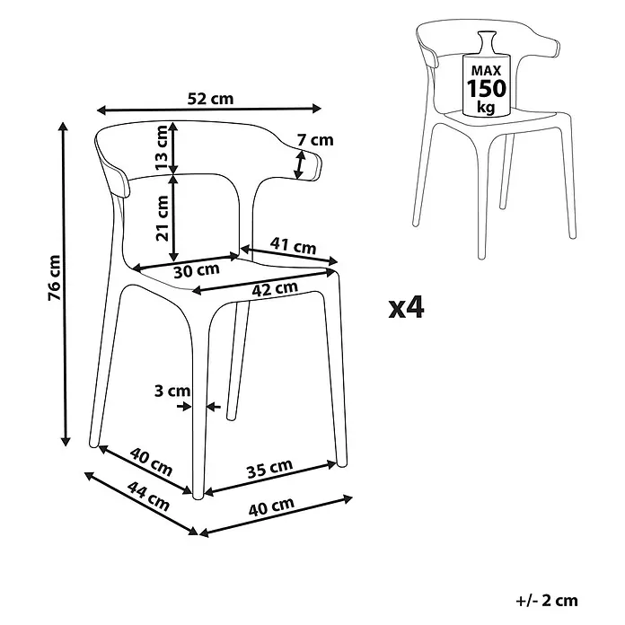 4er-Set Gartenstuhl GUBBIO in Grau -  - Skizze eines Stuhls mit detaillierten Maßen (z.B. 76 cm Höhe, 52 cm Breite), max. 150 kg Belastung, als 4er-Set. Toleranz: +/- 2 cm.