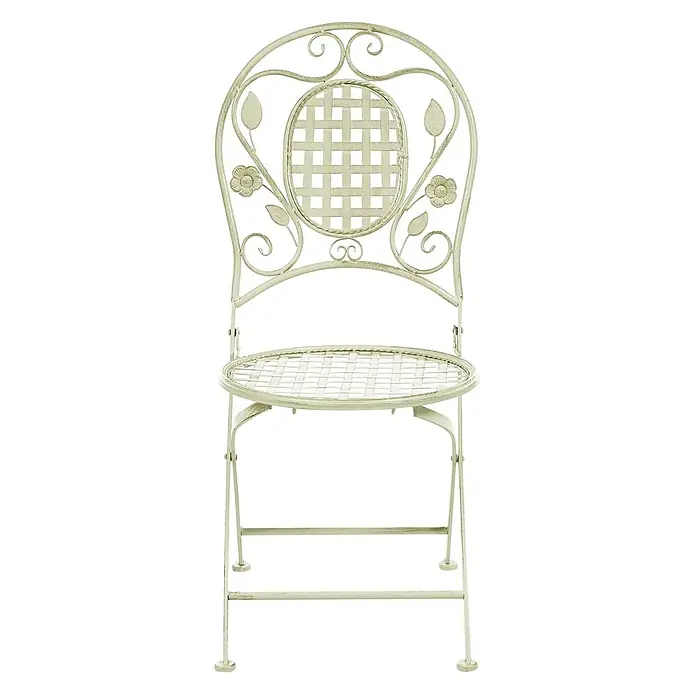 2er-Set Gartenstuhl BIVIO in Grün -  - Cremefarbener, verschnörkelter Klappstuhl aus Metall für den Garten, mit Blumenmuster und Gitterrückenlehne/-sitz.