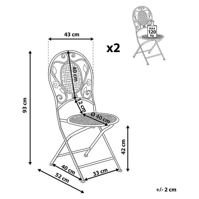 2er-Set Gartenstuhl BIVIO in Grün -  - Klappbarer Metallstuhl mit Verzierungen, Maße und 120 kg Traglast angegeben. Im Doppelpack erhältlich.