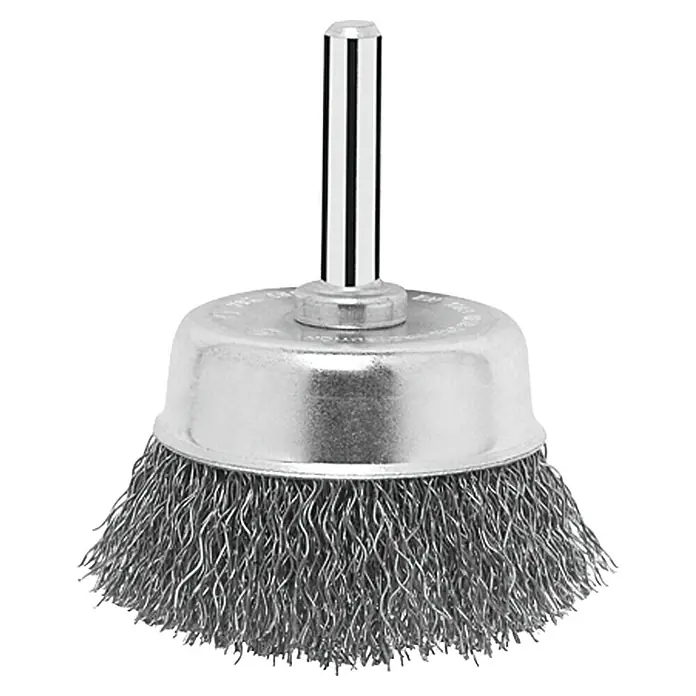 Bosch Cepillo de copa con alambre - Específico para: Portabrocas, Diámetro: 50 mm, Ondulado - En la imagen se muestra un cepillo de copa, una herramienta para limpiar superficies, con cerdas de alambre y un eje para fijarlo a un taladro.
