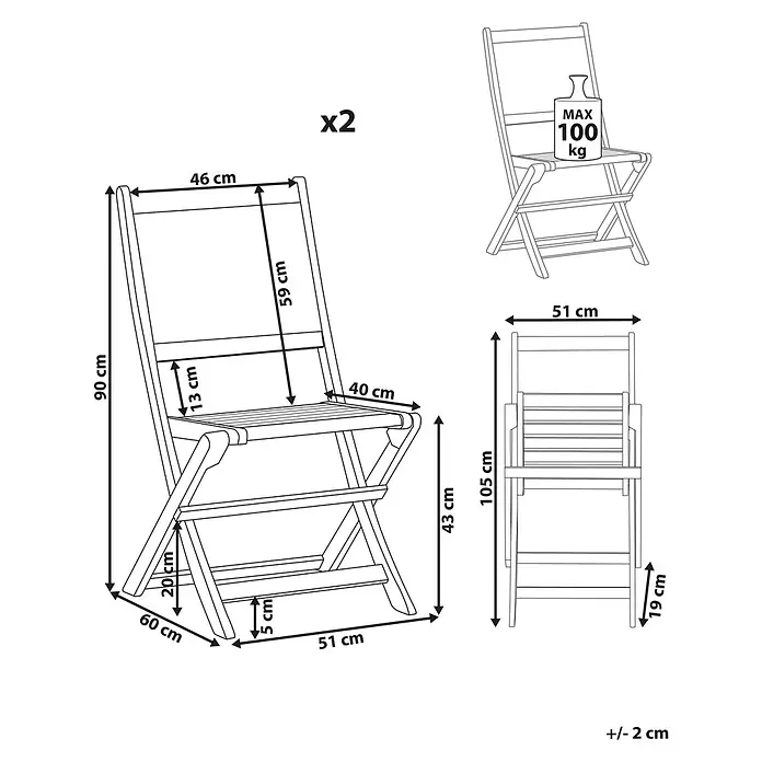 2er-Set Gartenstuhl PARAGGI in Braun -  - Linienzeichnung von zwei Klappstühlen. Maße ungefaltet: H90xB51xT60 cm, Sitz H43 cm. Zusammengeklappt: H105xB51xT19 cm. Max. Traglast 100 kg.