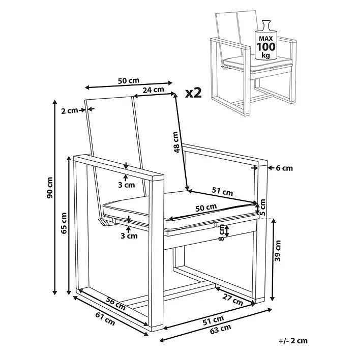 Beliani Gartenstuhl-Set AZZANELLO - 2 Stk., Akazienholz, Braun, B x T x H: 63 x 61 x 90 cm - Strichzeichnung eines robusten Sessels mit detaillierten Maßen und einer maximalen Tragfähigkeit von 100 kg, erhältlich im Zweierpack.