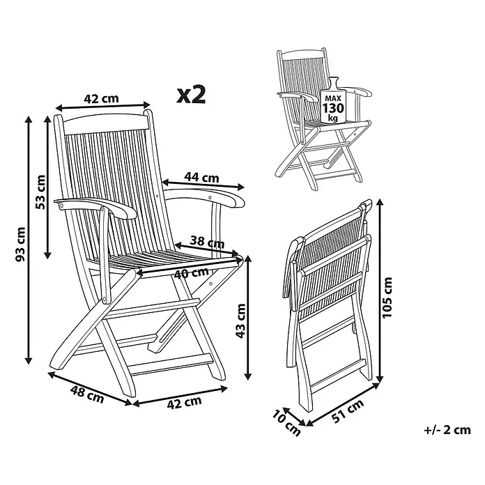 2er-Set Gartenstuhl MAUI in Braun -  - Zwei Holzklappstühle mit Maßen und max. Belastung 130 kg. Geklappt: 105x51x10 cm.
