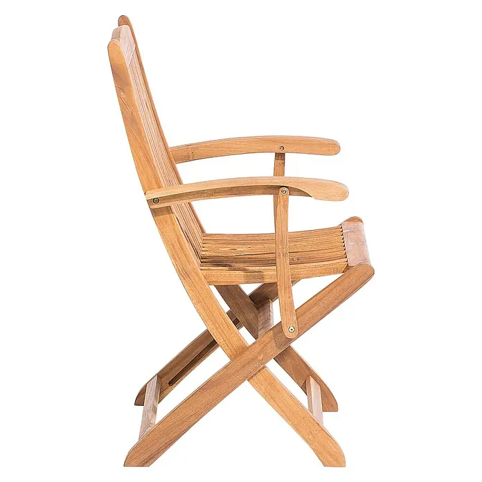 2er-Set Gartenstuhl MAUI in Braun -  - Seitenansicht eines klappbaren Holzstuhls aus hellem Holz mit Lattenrücken und -sitz sowie Armlehnen.