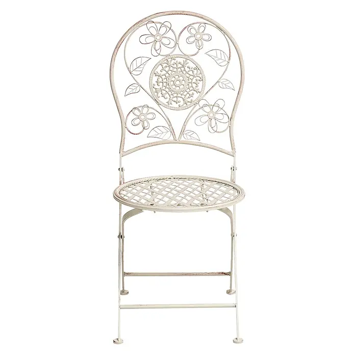 2er-Set Gartenstuhl YAVIZA in Beige -  - Shabby-Chic-Gartenstuhl aus cremefarbenem Metall mit Blumenlehne und Gitterrostsitz.