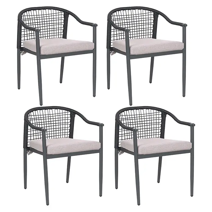 Beliani Gartenstuhl-Set OZZERO - 4 Stk., Aluminium, Schwarz, B x T x H: 55 x 60 x 76 cm - Vier dunkelgraue Outdoor-Esszimmerstühle mit schwarzen geflochtenen Rückenlehnen und hellgrauen Sitzkissen.