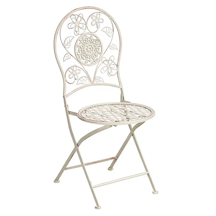 2er-Set Gartenstuhl YAVIZA in Beige -  - Cremefarbener Klappstuhl aus Metall im Used-Look mit floraler Rückenlehne und Gitterrostsitzfläche.