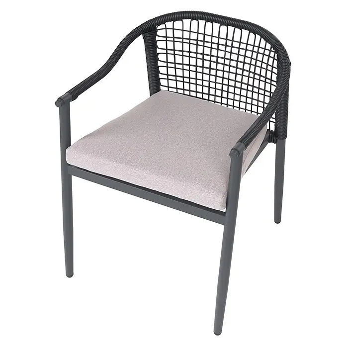 Beliani Gartenstuhl-Set OZZERO - 4 Stk., Aluminium, Schwarz, B x T x H: 55 x 60 x 76 cm - Moderner Outdoor-Stuhl mit dunkelgrauem Metallgestell, hellgrauem Sitzkissen und schwarzem Geflecht an Rückenlehne und Armlehnen.