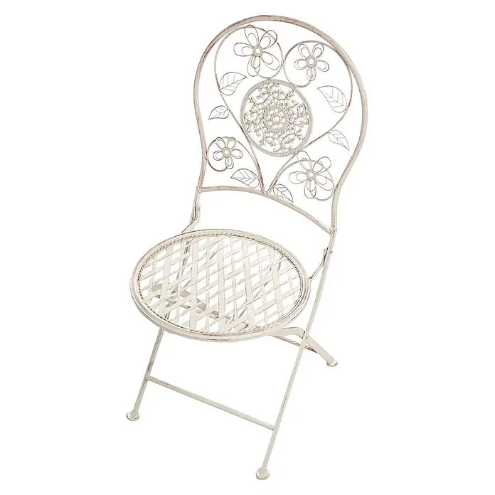 2er-Set Gartenstuhl YAVIZA in Beige -  - Cremefarbener klappbarer Metall-Gartenstuhl im Used-Look mit Blumenlehne und geflochtener Sitzfläche.