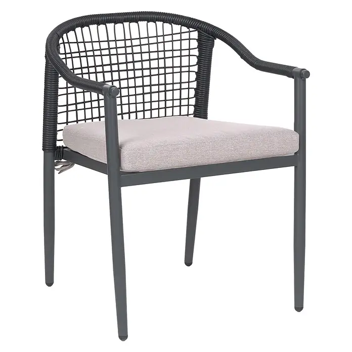 Beliani Gartenstuhl-Set OZZERO - 4 Stk., Aluminium, Schwarz, B x T x H: 55 x 60 x 76 cm - Dunkelgrauer Sessel mit dunklem Geflecht und hellgrauem Stoffkissen.