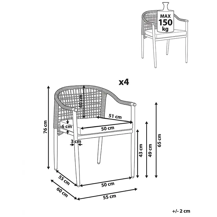 Beliani Gartenstuhl-Set OZZERO - 4 Stk., Aluminium, Schwarz, B x T x H: 55 x 60 x 76 cm - 4er-Set Sessel mit detaillierten Maßen und maximaler Belastung von 150 kg.