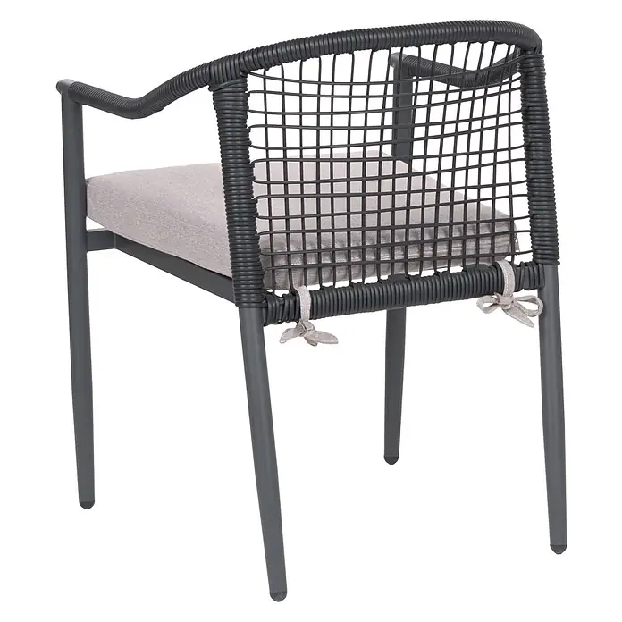 Beliani Gartenstuhl-Set OZZERO - 4 Stk., Aluminium, Schwarz, B x T x H: 55 x 60 x 76 cm - Dunkelgrauer Outdoor-Stuhl mit geflochtener Rückenlehne/Armlehnen und hellgrauem Sitzkissen mit Bändern.