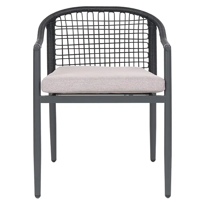 Beliani Gartenstuhl-Set OZZERO - 4 Stk., Aluminium, Schwarz, B x T x H: 55 x 60 x 76 cm - Dunkelgrauer Outdoor-Stuhl mit geflochtener Rückenlehne und Armlehnen, Metallrahmen und hellbeigem Kissen.