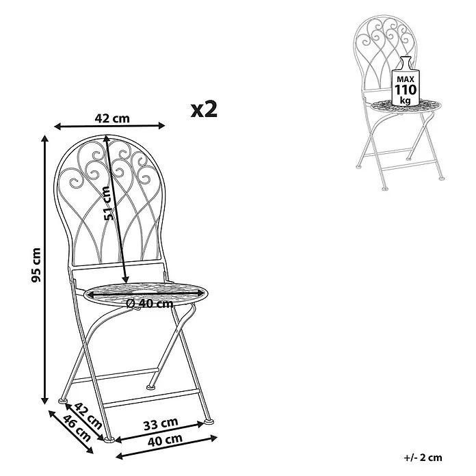 2er-Set Gartenstuhl STIFFE in Weiß -  - Set aus zwei schwarzen Metall-Klappstühlen mit Schnörkeldesign, Maßen (95 cm hoch, 40 cm Sitzdurchmesser) und 110 kg max. Belastbarkeit.