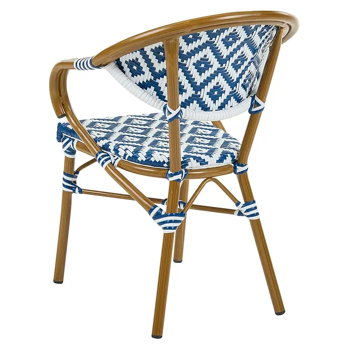 4er-Set Gartenstuhl CASPRI in Weiß/Blau/Braun -  - Blau-weißer Stuhl aus geflochtenem Kunststoffgeflecht mit Holzoptikrahmen, für drinnen und draußen geeignet.