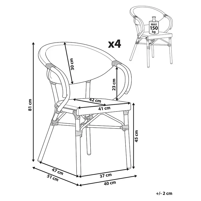 4er-Set Gartenstuhl CASPRI in Weiß/Blau/Braun -  - Schwarz-weiße Illustration eines Bistrostuhls im Rattan-Stil mit Maßen. Maximale Belastung 150 kg, oft im 4er-Set erhältlich.